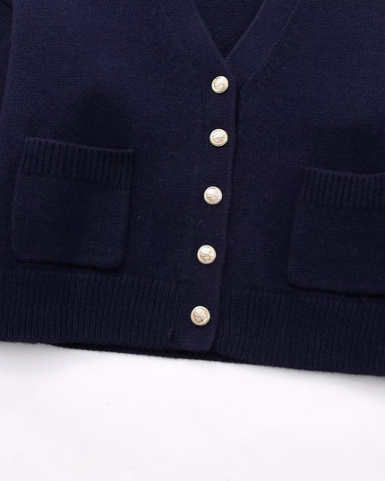 Marineblauw gebreid jasje met V-hals