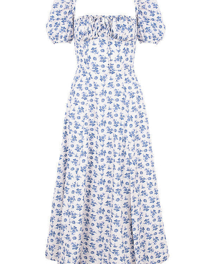 Middelgrote zomerjurk met bloemen pofmouwen