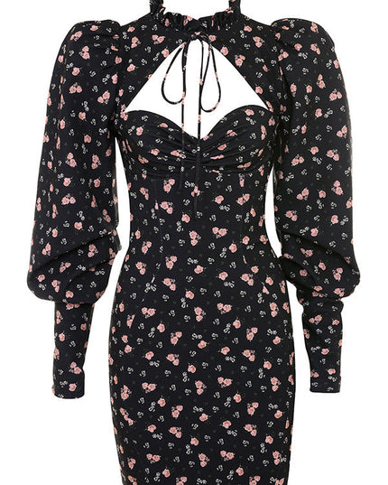 Mini-jurk met pofmouwen en bloemenprint