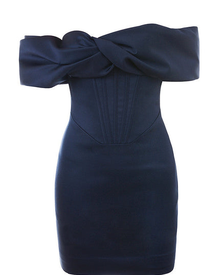 Midi-rok met bandjes in marineblauwe satijn