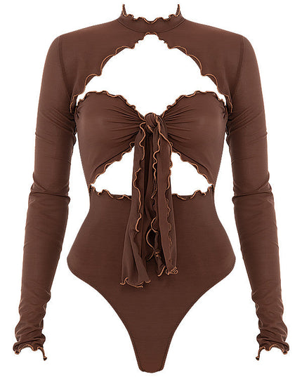 Mesh body met lange mouwen en strik aan de voorkant