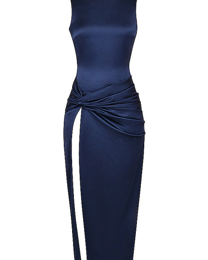 Marineblauwe lange jurk met lage split
