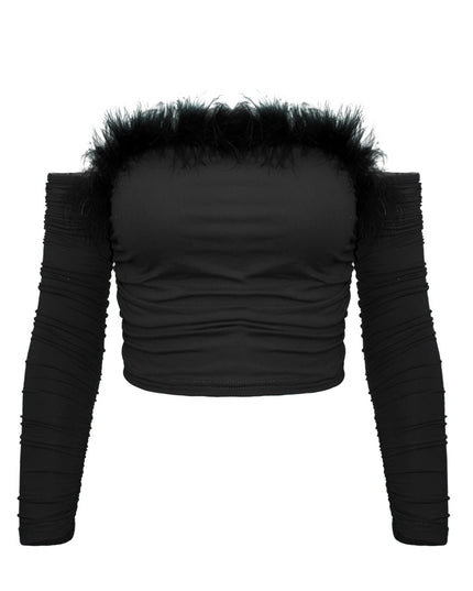 Top met lange mouwen en off-shouldermotief en imitatieleer
