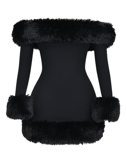 Zwarte elegante mini-jurk met bont