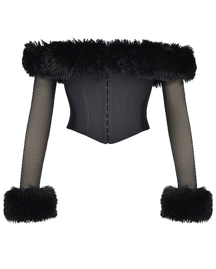 Zwarte off-shoulder korset met biologische bont
