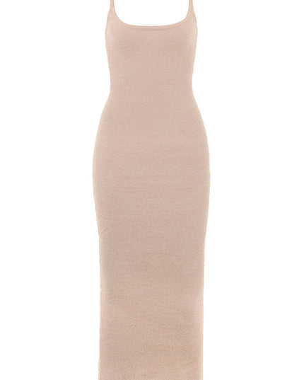 Khaki zachte, pluizige gebreide maxi-jurk