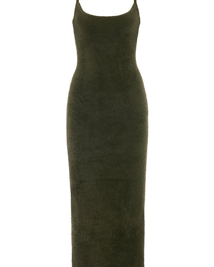 Khaki zachte, pluizige gebreide maxi-jurk