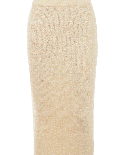 Crèmekleurige zachte bouclé gebreide cropped trui met rok