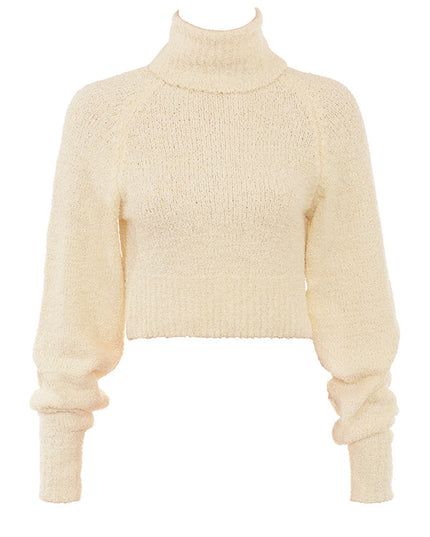Crèmekleurige zachte bouclé gebreide cropped trui met rok