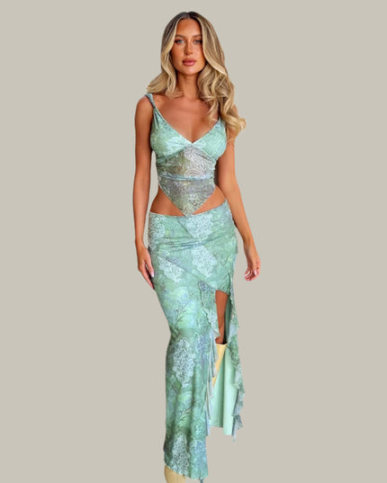 Groene bloemen crop top met rok
