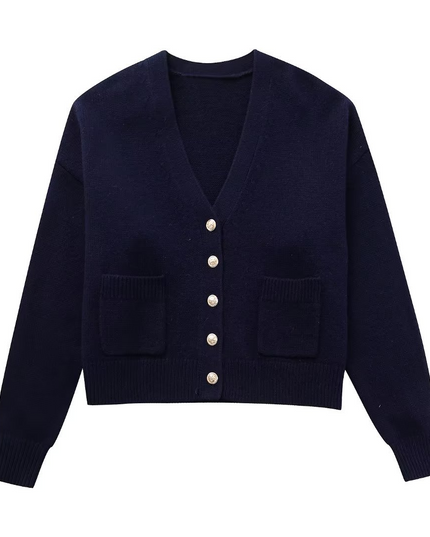 Marineblauw gebreid jasje met V-hals