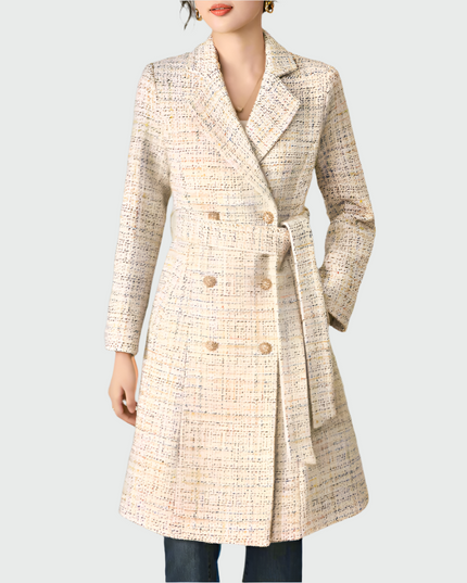Elegante abrikooskleurige geplooide lange jas