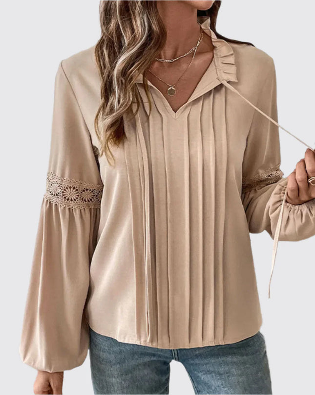 Kaki blouse met V-hals en trekkoord