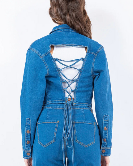 Cropped denim jasje met vetersluiting op de rug