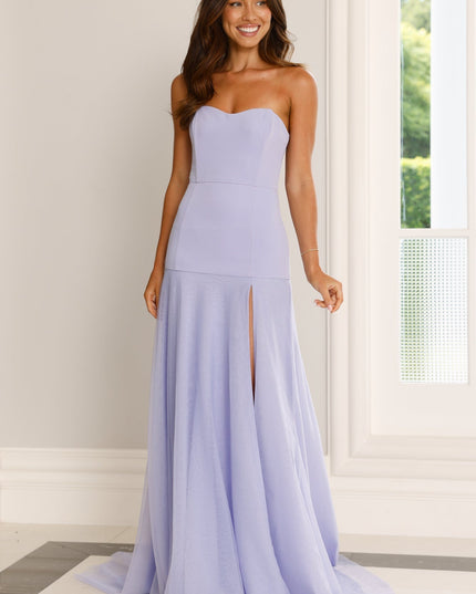 Paarse strapless maxi-jurk met uitgesneden pijpen
