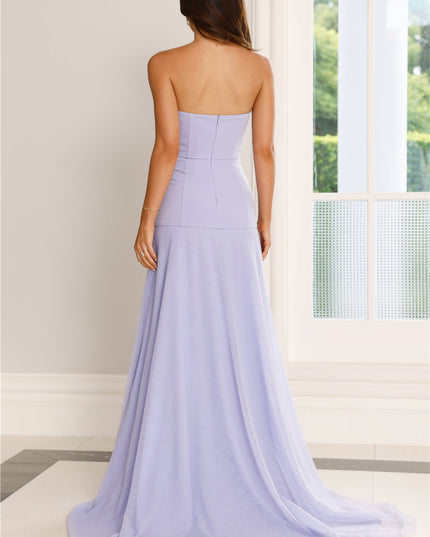 Paarse strapless maxi-jurk met uitgesneden pijpen