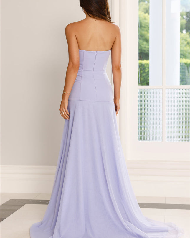 Paarse strapless maxi-jurk met uitgesneden pijpen