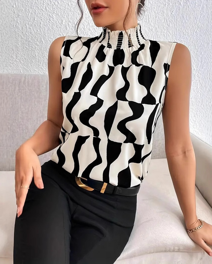 Zwart-wit mouwloos shirt met polokraag