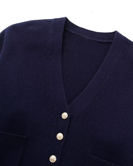Marineblauw gebreid jasje met V-hals