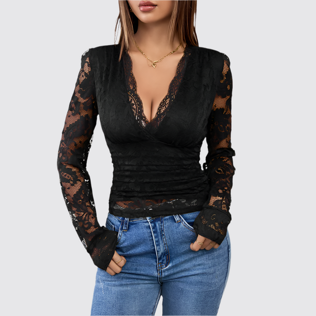 Zwarte patchwork top met strakke pasvorm