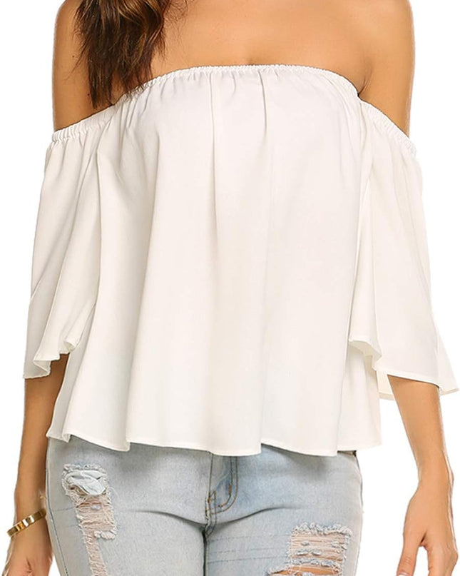 Shirt met ruches en blote schouders