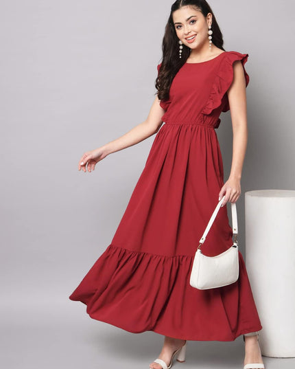 Rode Maria maxi-jurk met ruches