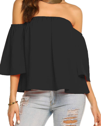 Shirt met ruches en blote schouders