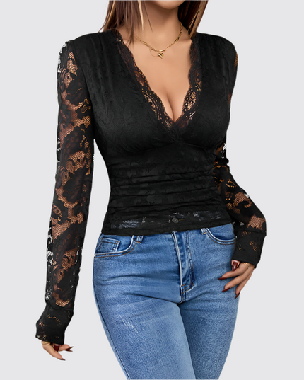Zwarte patchwork top met strakke pasvorm