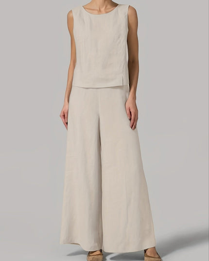 Beige mouwloos tanktopje en wijde broek