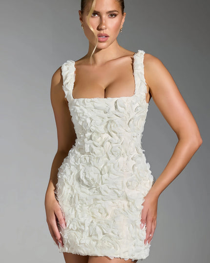 Vosia 3D gebloemde halterneck mini-jurk wit