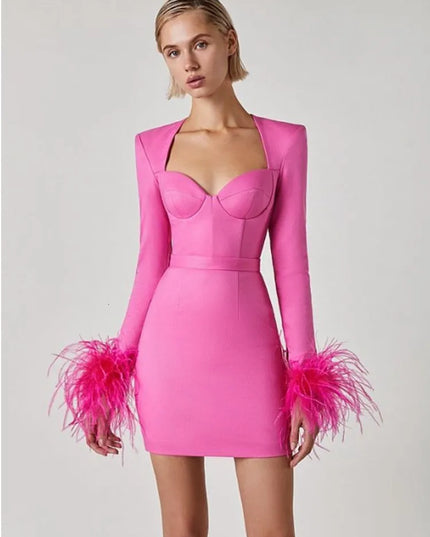Elegante jurk met lange mouwen en veren