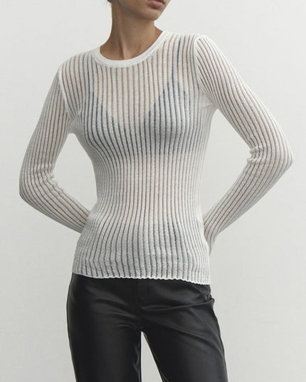 Top met lange mouwen van dun geribbeld mesh