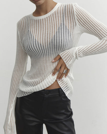 Top met lange mouwen van dun geribbeld mesh