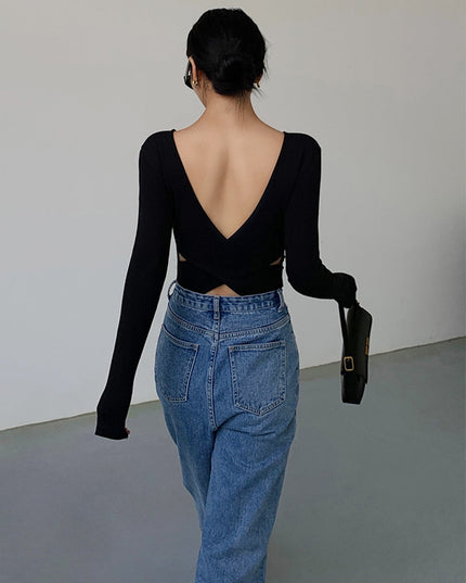 V-vormig shirt met open rug en lange mouwen