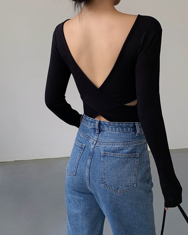 V-vormig shirt met open rug en lange mouwen