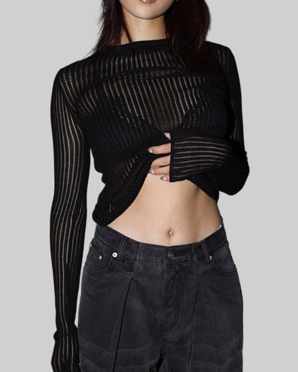 Top met lange mouwen van dun geribbeld mesh