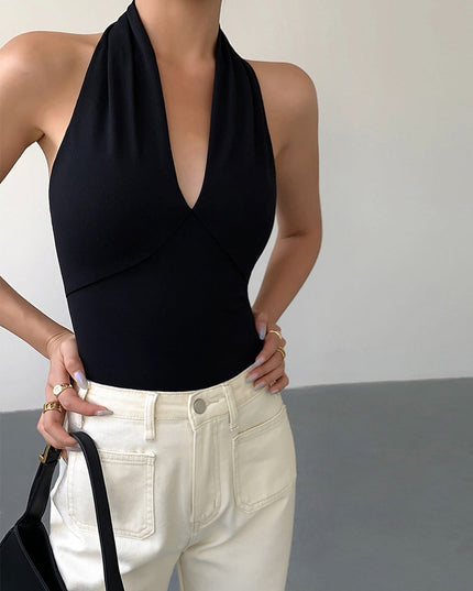 Tanktop met V-hals, halternek en open rug