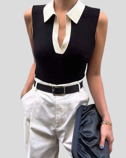 V-hals vest met contrastkraag