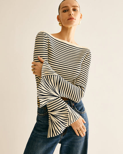 Top met gestreepte ruche mouwen