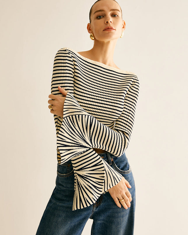 Top met gestreepte ruche mouwen
