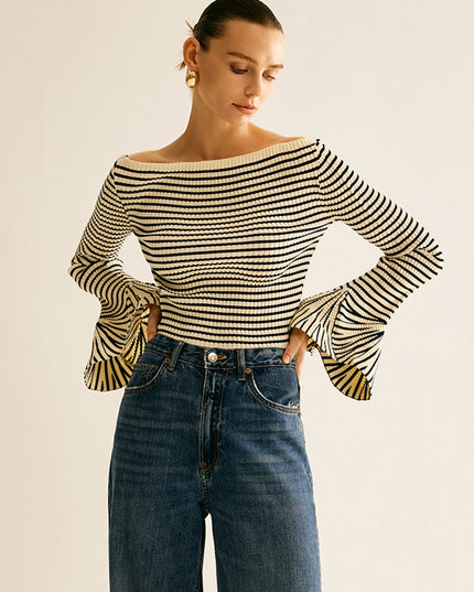Top met gestreepte ruche mouwen