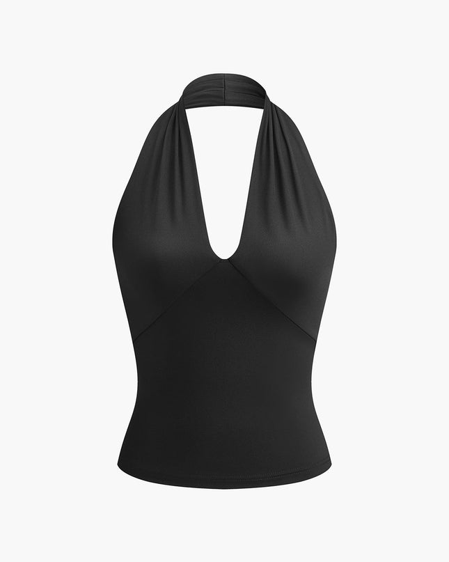 Tanktop met V-hals, halternek en open rug