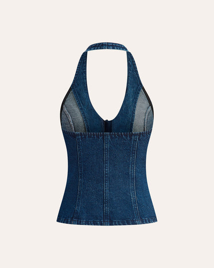 Denim top met halternekknoopdetail