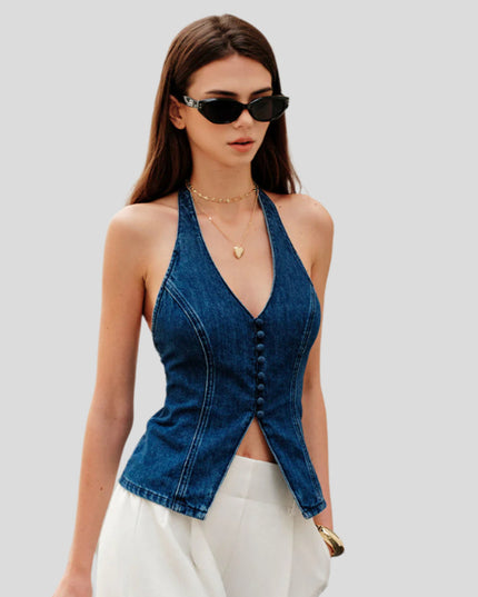 Denim top met halternekknoopdetail
