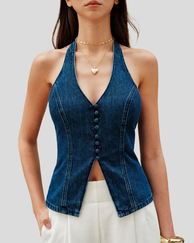 Denim top met halternekknoopdetail