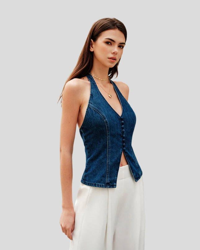 Denim top met halternekknoopdetail
