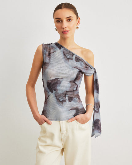 Gedrapeerde top met asymmetrische halslijn en mesh