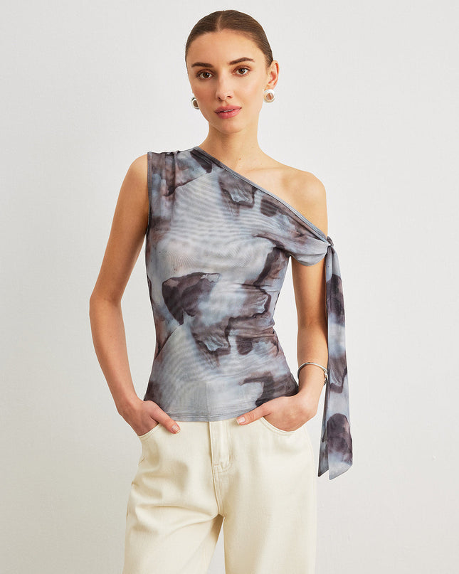 Gedrapeerde top met asymmetrische halslijn en mesh