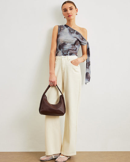 Gedrapeerde top met asymmetrische halslijn en mesh
