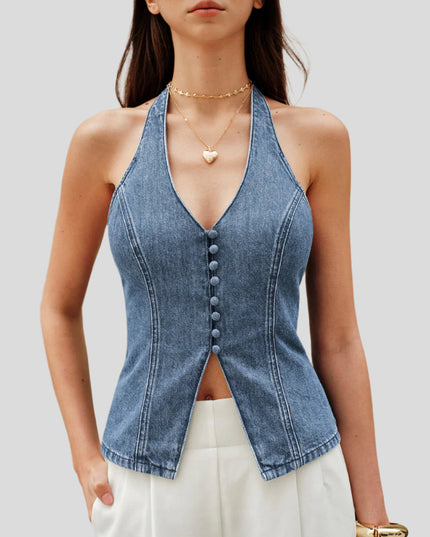 Denim top met halternekknoopdetail